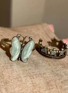 中古叠戴蝴蝶戒指复古vintage做旧高级感小众花朵开口指环女