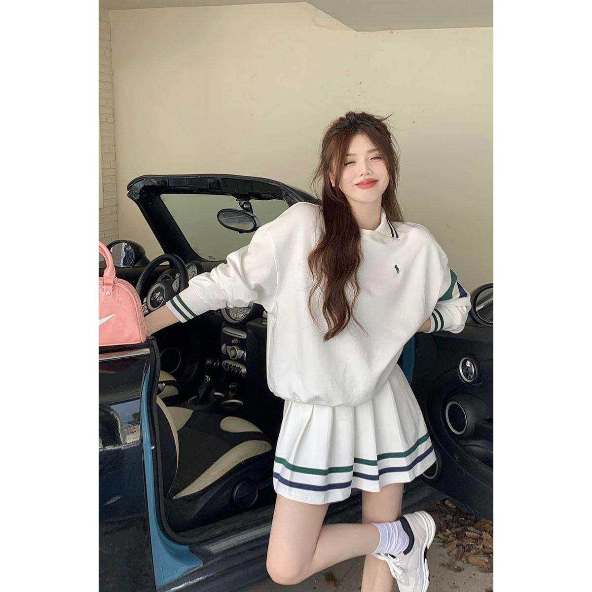条纹运动polo领卫衣女早秋美式覆古长袖外套白色辣妹宽松短款上衣