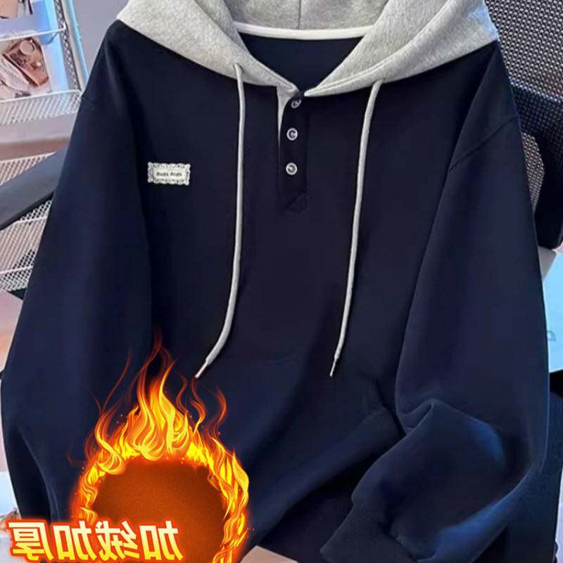 加绒加厚卫衣少女孩秋冬季拼色连帽上衣初中学生外套显瘦百搭上衣