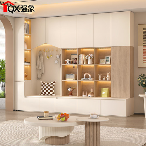 奶油风去客厅化卡座书柜一体整墙多功能沙发储物柜子一体定制F70