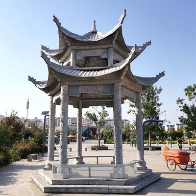 花岗岩中式双层六角八角滑柱石雕凉亭家祠单双层青石龙柱石亭子