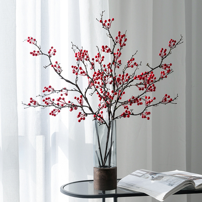冬青红果发财果仿真花摆件假花干花花束客厅餐桌红色花招财浆果花
