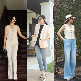 COLIN WANG-优雅的远游|精梳长绒棉职场通勤西装马甲微喇裤套装