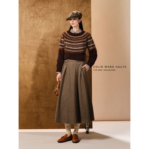 COLINWANG-悠然绅影|奢牌同源金葱羊毛花呢人字纹英伦复古半裙