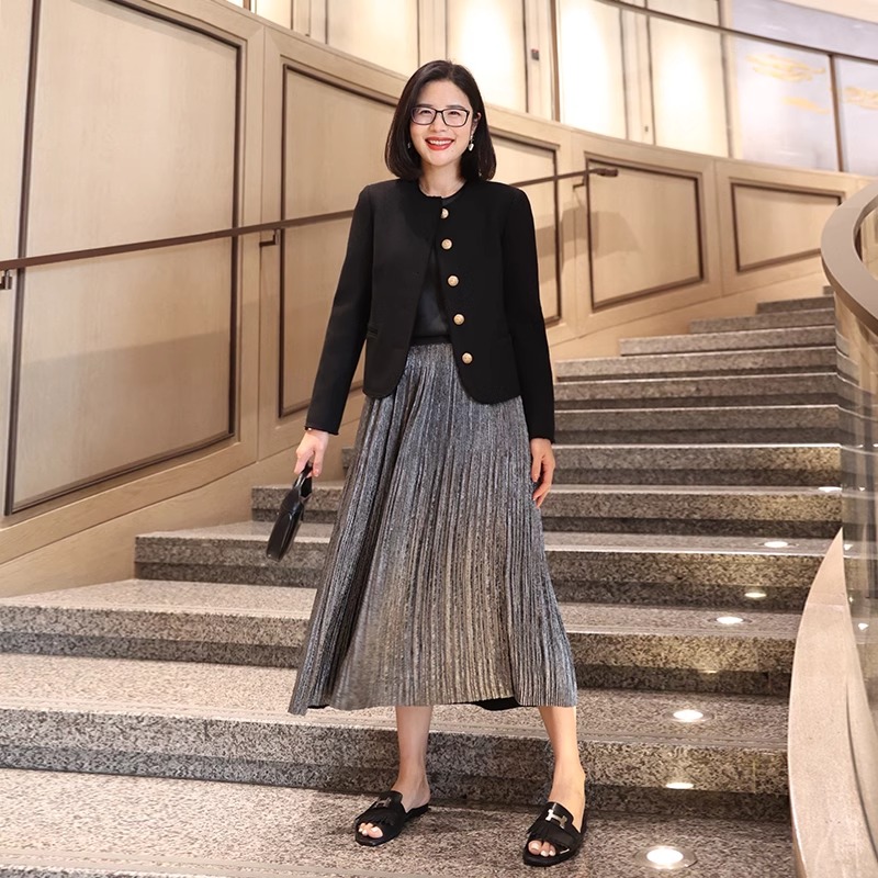 COLIN WANG-‘光辉女神'全网官方正版烫银压褶珠链半身裙张若愚