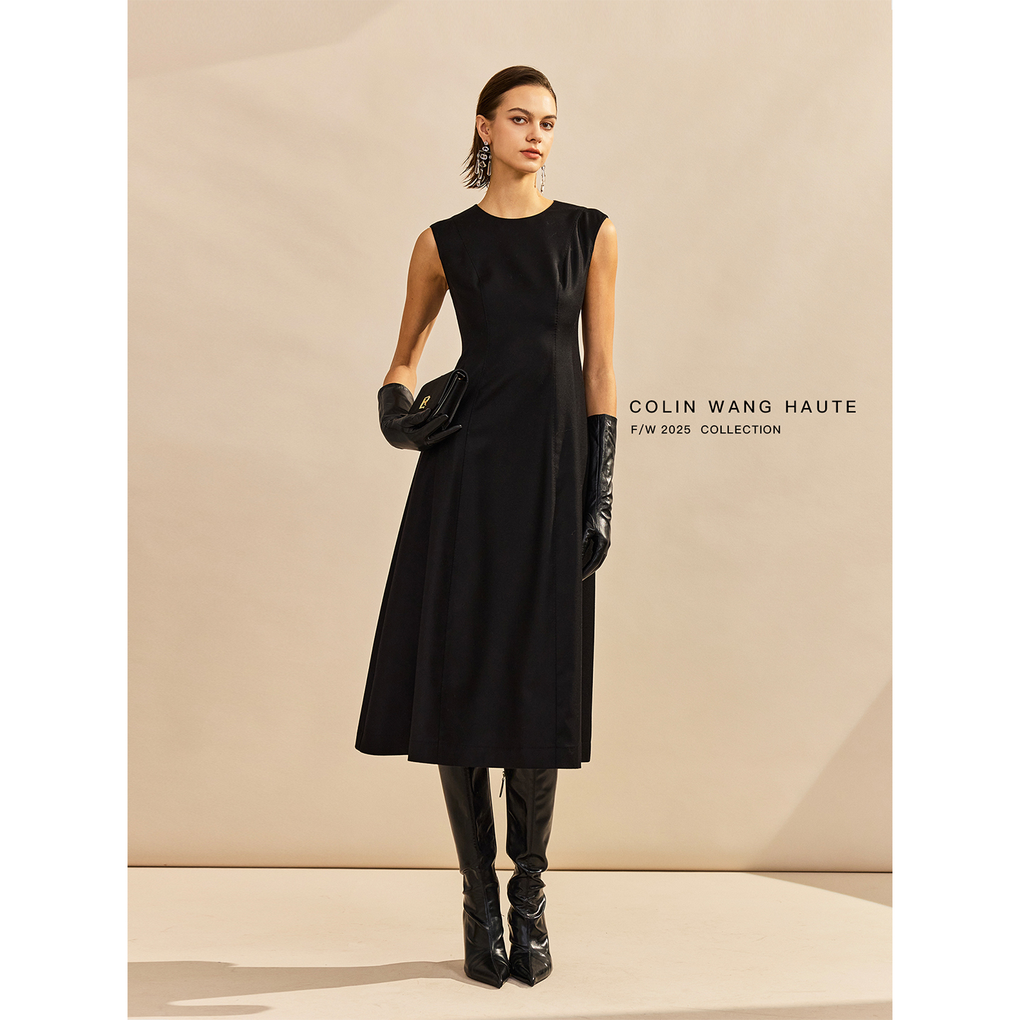 COLINWANG-轻风绘影|定制山羊绒赫本风收腰显瘦轻礼服无袖连衣裙