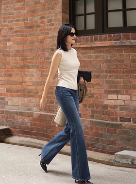 COLIN WANG-气场的魔法四面弹复古显瘦时装猫须微喇裤牛仔裤