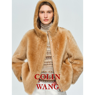 COLINWANG日暮巴塞 西班牙进口拉贡皮毛一体奢华连帽皮草外套