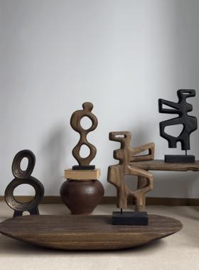 Wabi-Sabi风格抽象艺术雕塑装饰炭黑高端样板房民宿入口几何装饰