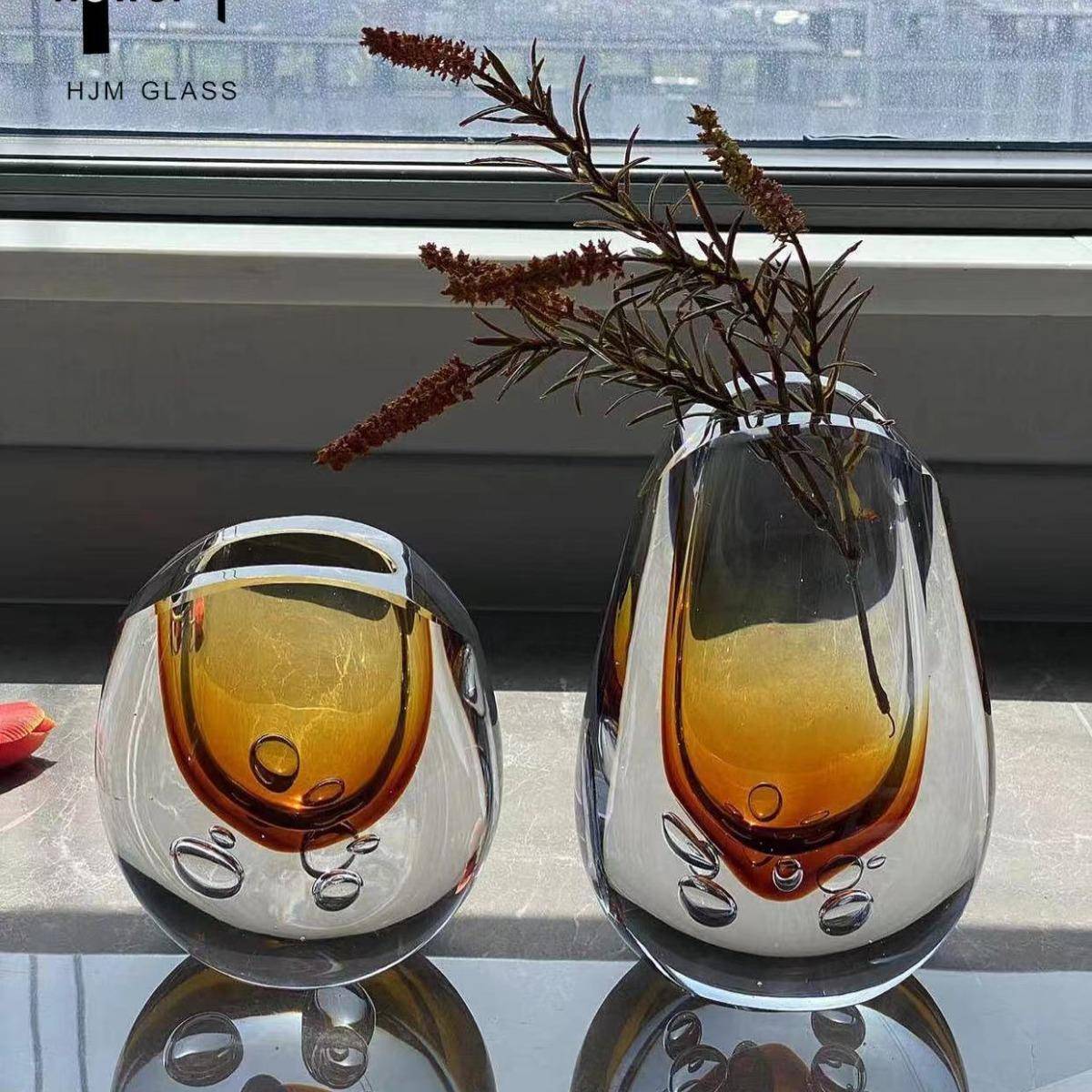 HJM-进口琉璃玻璃花瓶客厅插花器摆件轻奢客厅餐桌玄关样板间装饰