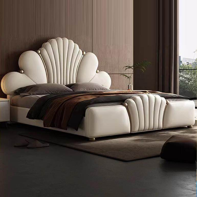 悬浮床白色奶油系小户型次卧双人婚床真皮床法式轻奢网红2023新款