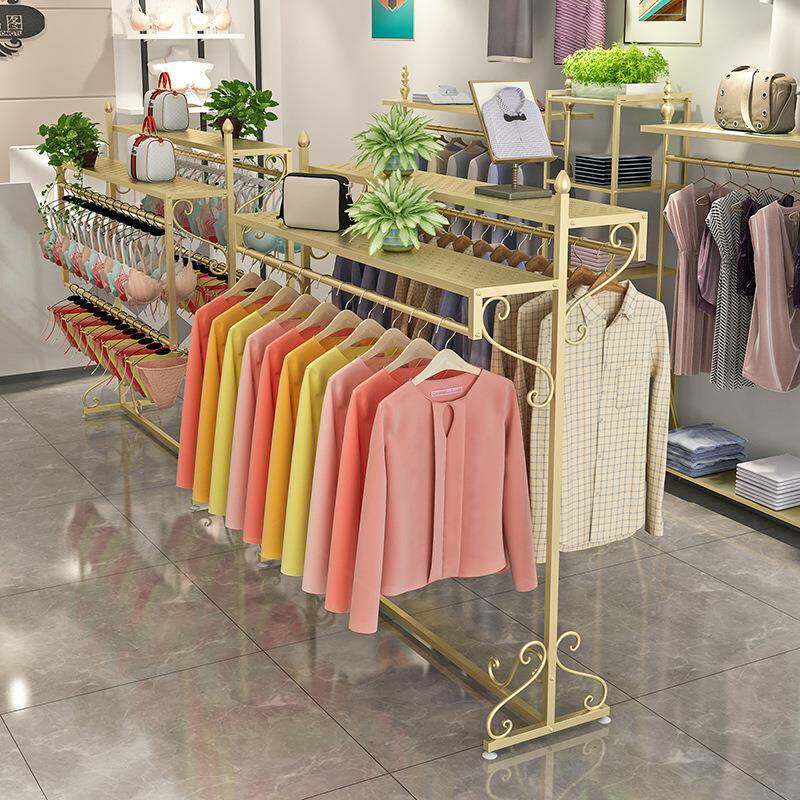 服装店中岛展示架落地式童装店金色陈列架服装架货架双排挂衣架子