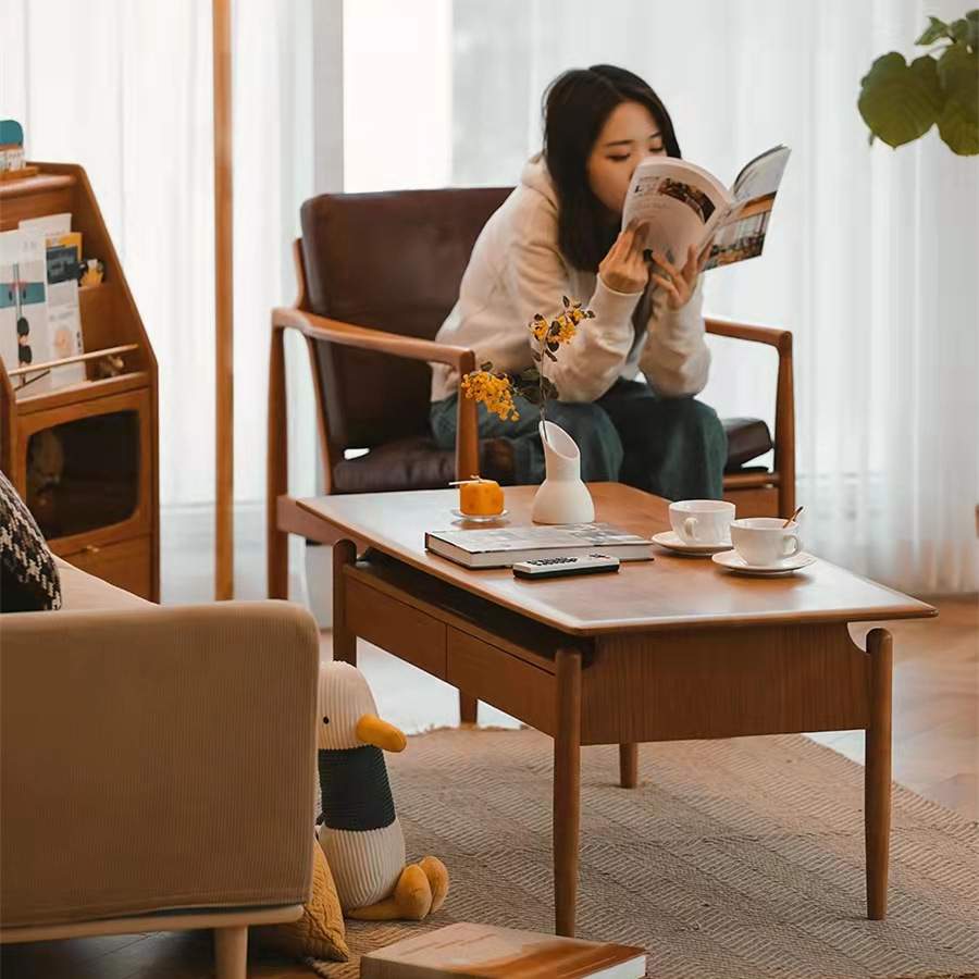 樱桃木若谷茶几餐桌两用多功能简约北欧实木小户型客厅用日式茶桌