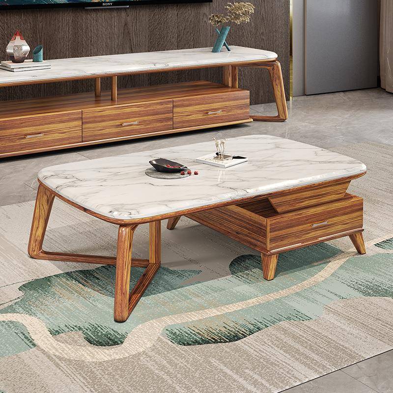 现代新中式实木茶几电视柜组合简约乌金木大理石台面茶几2025新款