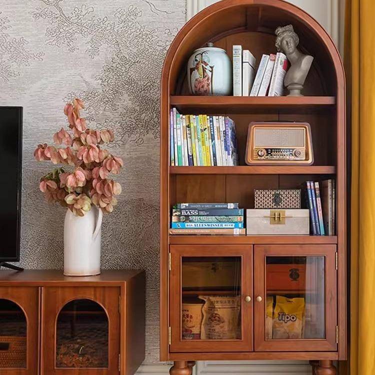 法式复古实木拱形书柜中古玻璃门展示柜客厅落地储物收纳柜