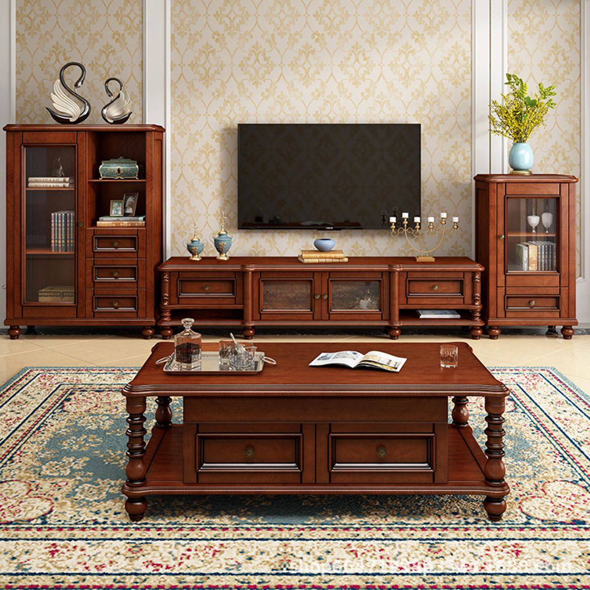 美式乡村实木电视柜茶几组合小户型复古简约客厅桃花芯木影视柜家