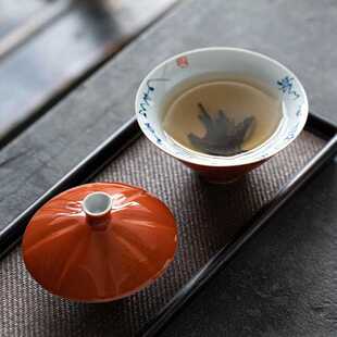 手绘诗文斗笠二才盖碗单个茶杯高档陶瓷茶具家用功夫泡茶茶碗
