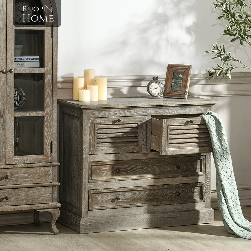 美式乡村实木餐边柜灰色做旧欧式玄关碟碗储物柜法式橡木餐边柜