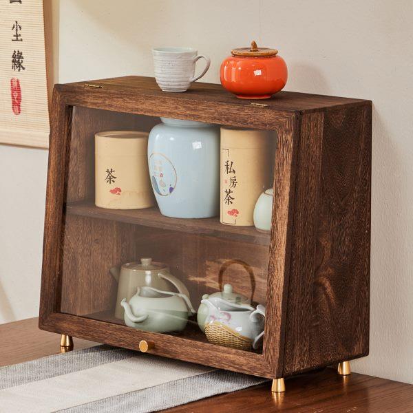 烧桐木桌面防尘展示柜咖啡杯茶具收纳柜实木茶柜展示茶杯架储物柜