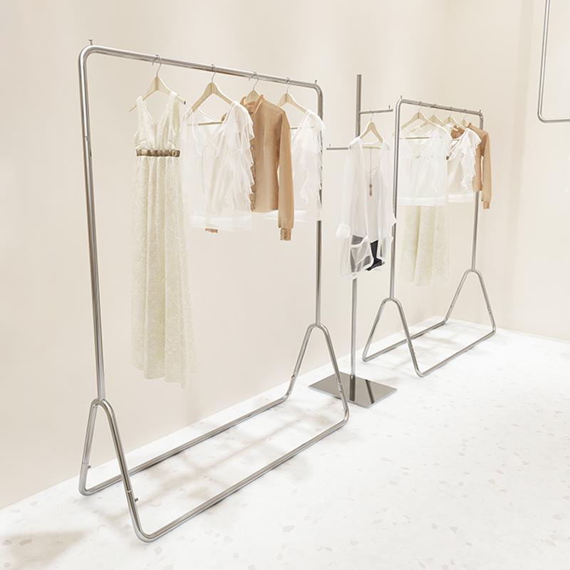 女装店展示架落地式衣服架子不锈钢拉丝银色挂衣架服装店陈列货架