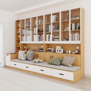 去客厅化卡座书柜一体整墙组合书架落地实木沙发柜带玻璃门收纳柜