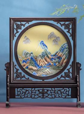 手工双面绣刺绣摆件屏风苏绣中式工艺礼品摆饰台屏客厅装饰画 画