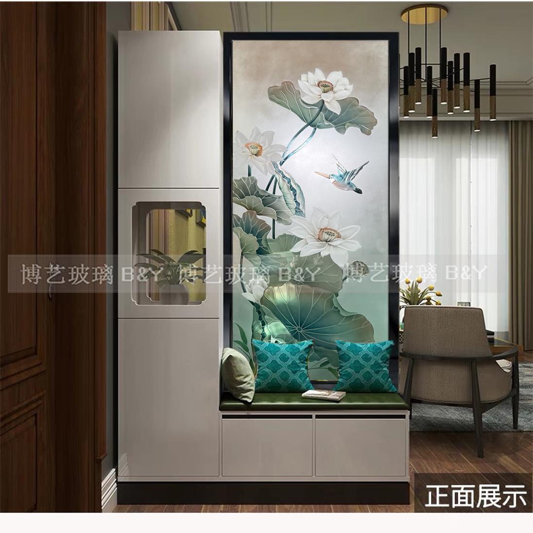 玄关艺术玻璃新中式雕刻立体荷花纳双面屏风装饰卫生间隔断鞋柜上