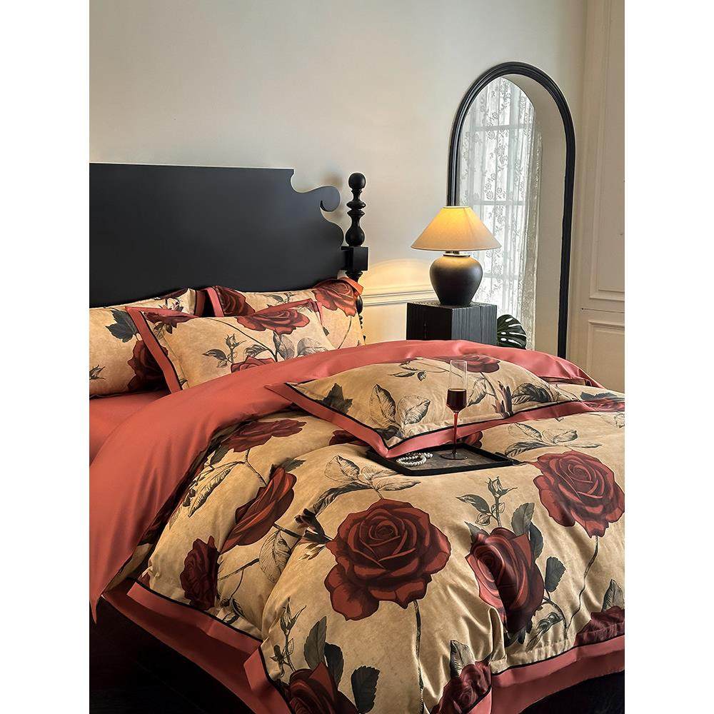 高端印花棉被套婚礼高端床品红色婚礼100支长绒棉床品四件套8张