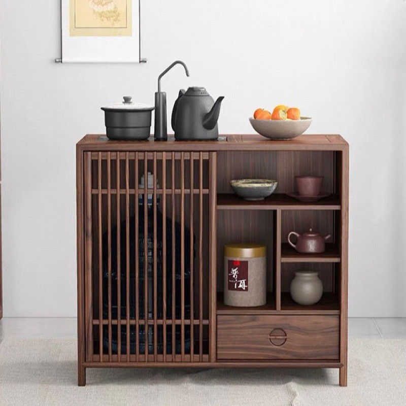 黑胡桃木茶水柜茶桌边柜茶室餐边柜储物柜老榆木新中式实木烧水柜