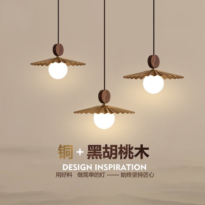 餐厅吊灯新中式胡桃木全铜三头饭厅吧台灯具极简轻奢卧室床头吊灯