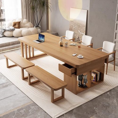 实木客厅大长书桌书柜一体家用办公学习桌带抽屉写字长条桌工作台