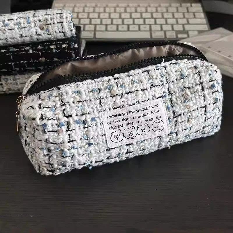 简约大容量化妆笔刷收纳包黑白小香风编织风格ins可爱文具收纳袋