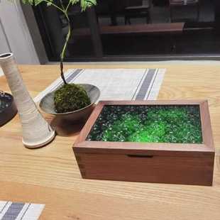 置物燕尾榫储物盒 木质黑胡桃收纳盒海棠花复古玻璃盖首饰盒翻盖式