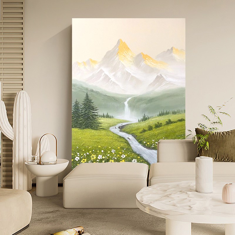 现代简约风景手绘油画客厅装饰画日照金山丙烯肌理画入户玄关挂画图片
