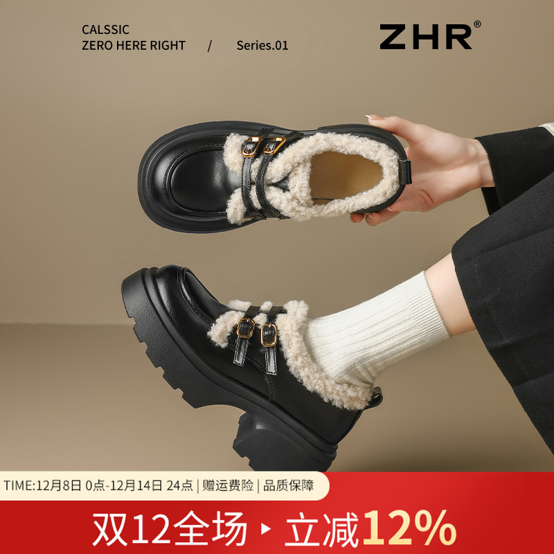 ZHR宽头高跟修饰腿型加绒小皮鞋