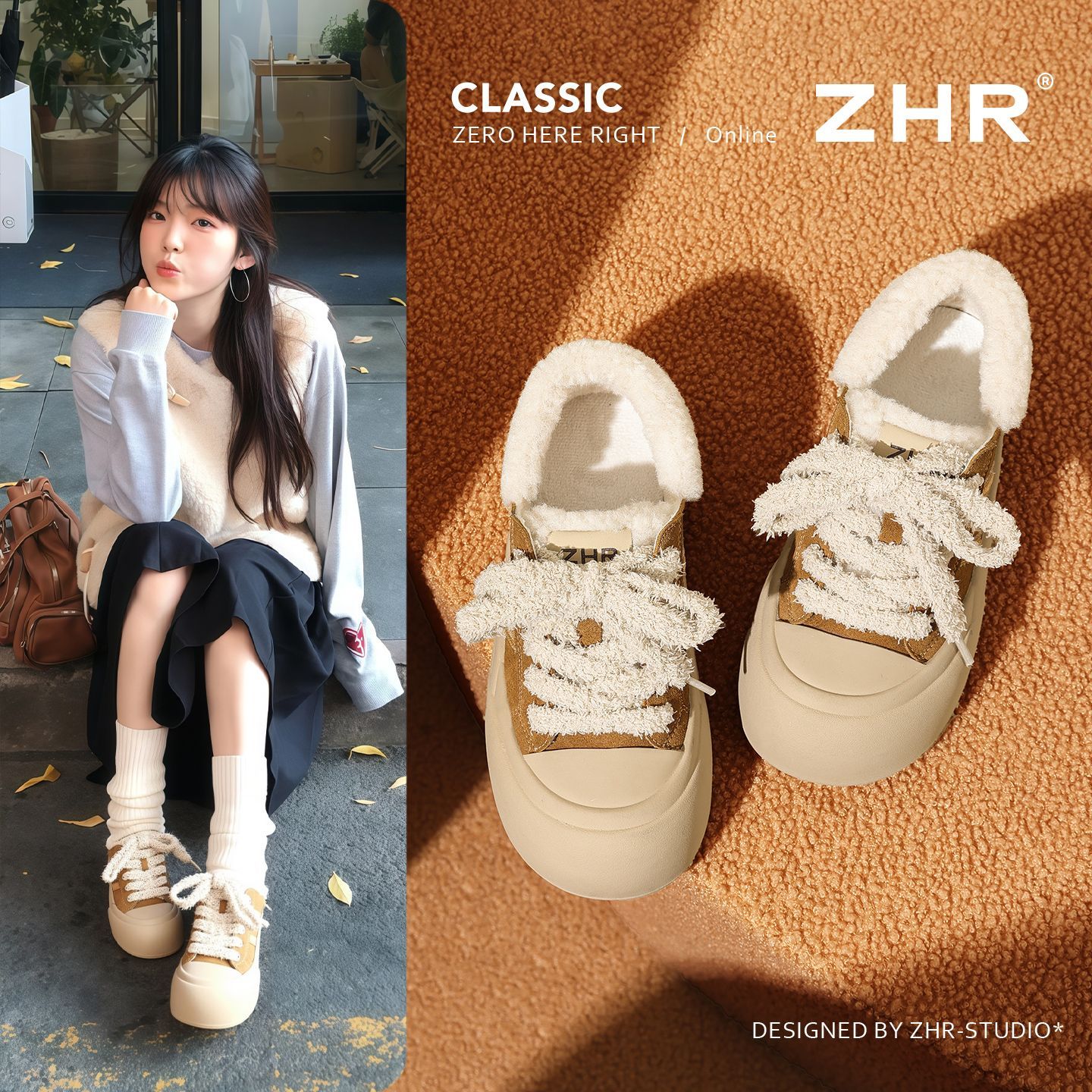 ZHR厚底板鞋女款2025冬季加绒休闲鞋保暖运动鞋面包鞋百搭毛毛鞋