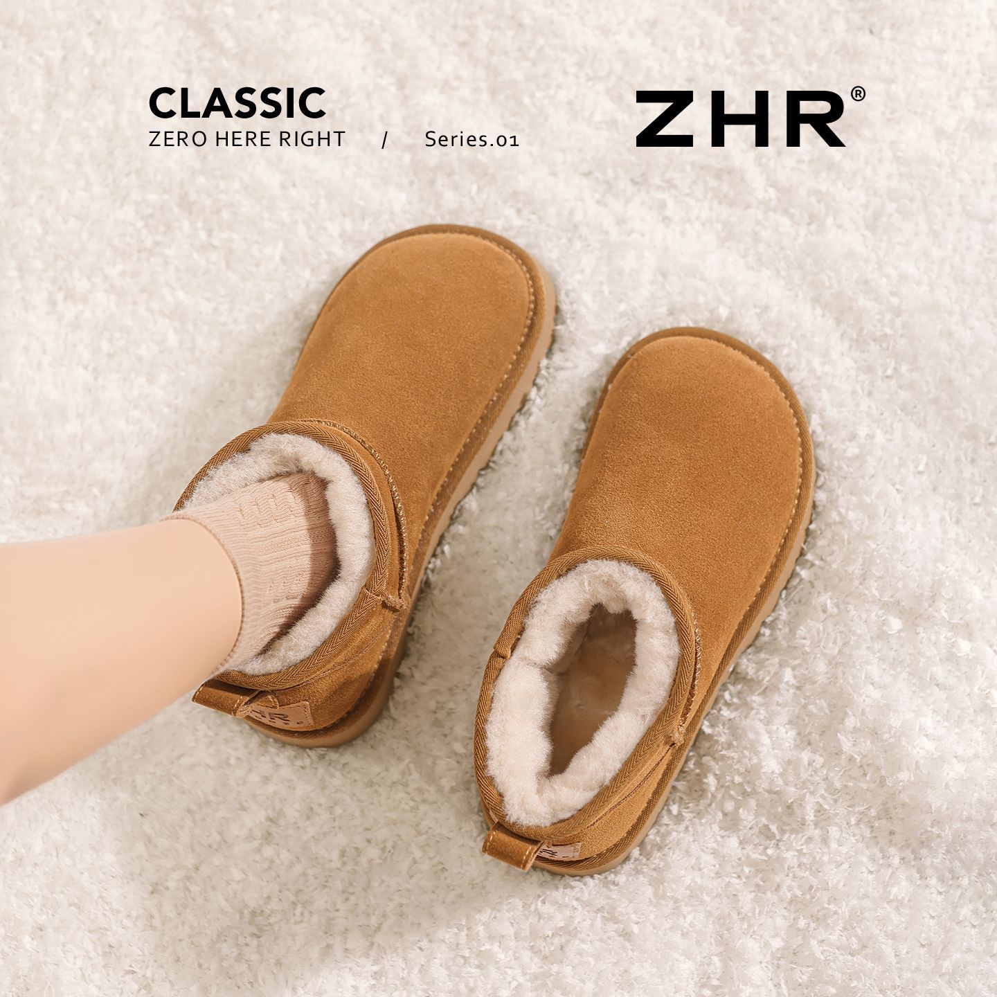 ZHR则则雪地靴子外穿加厚软底短筒毛毛靴百搭冬天棉鞋懒人女包跟