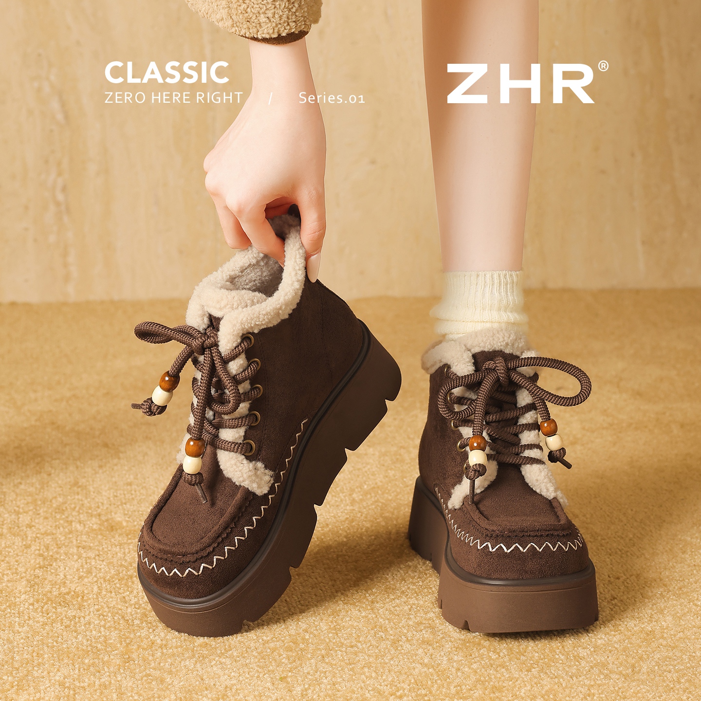 ZHR加绒保暖防滑真皮雪地靴棉鞋