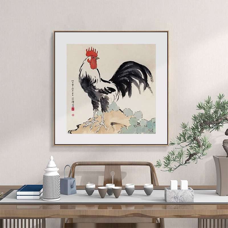 徐悲鸿国画鸡鸣富贵图大公鸡水墨画客厅玄关装饰画书房茶室挂画框图片