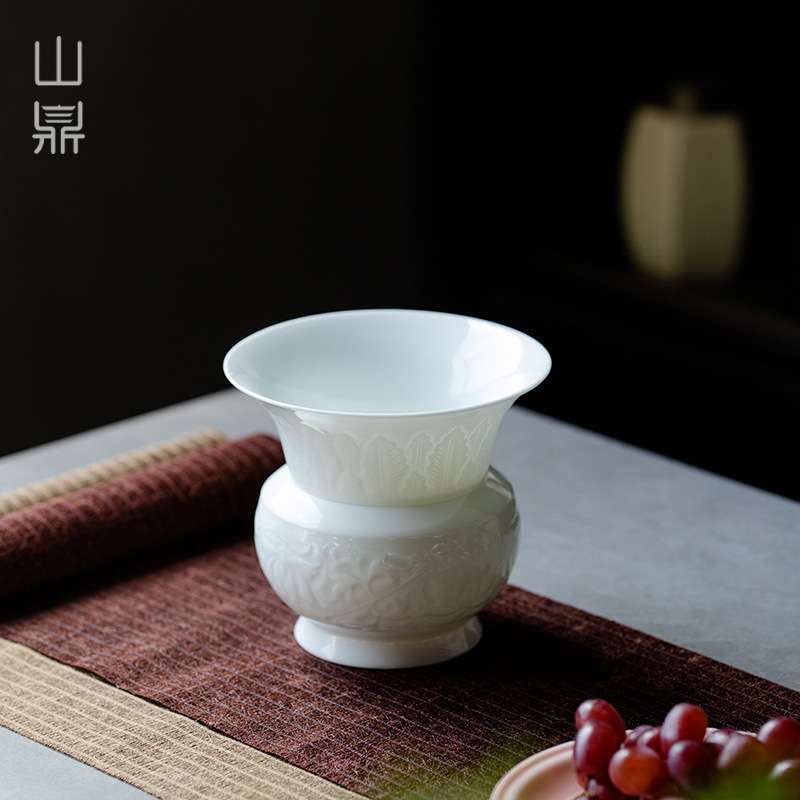 山鼎 仿宋浮雕瓣莲建水 中式青瓷分体式小茶洗陶瓷茶具水盂茶渣缸