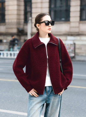 【知喜ziJoy】春季新款年味穿搭托卡羊毛针织毛衣女红色立领外套