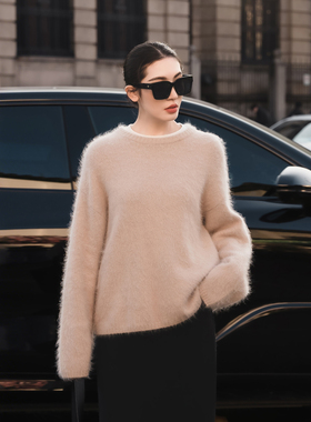 【知喜ziJoy】含兔毛米杏色圆领毛衣女春秋百搭保暖休闲时尚上衣