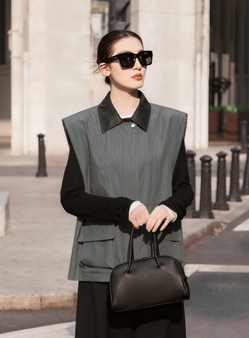 【知喜ziJoy】2026春季新款亚麻灰色咖领马甲女百搭休闲时尚外套