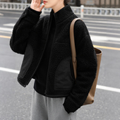 绵羊毛混纺摇粒绒宽松保暖立领黑色外套女 爆款 知喜ziJoy 冬季