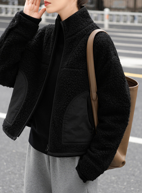 【知喜ziJoy】冬季爆款绵羊毛混纺摇粒绒宽松保暖立领黑色外套女