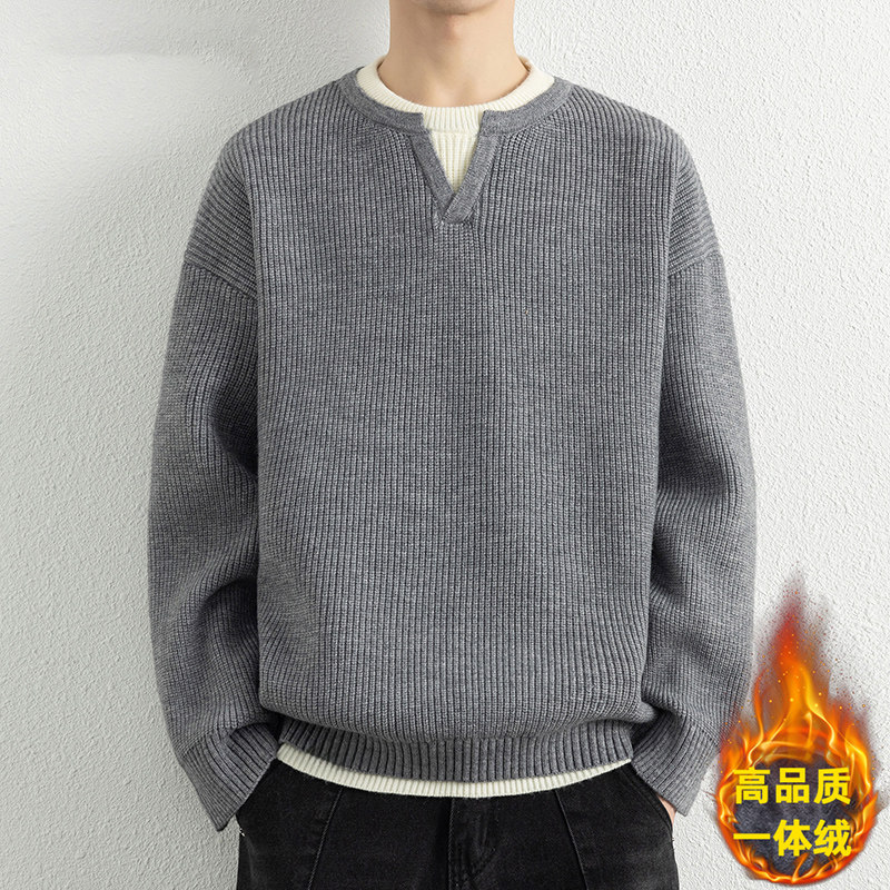加绒保暖毛衣男2025秋冬新款假两件内搭打底衫宽松百搭休闲针织衫