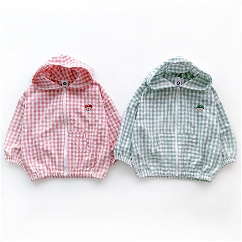 韩国童装春夏中小童防风防晒拉链开衫女长袖连帽格子上衣童装外套