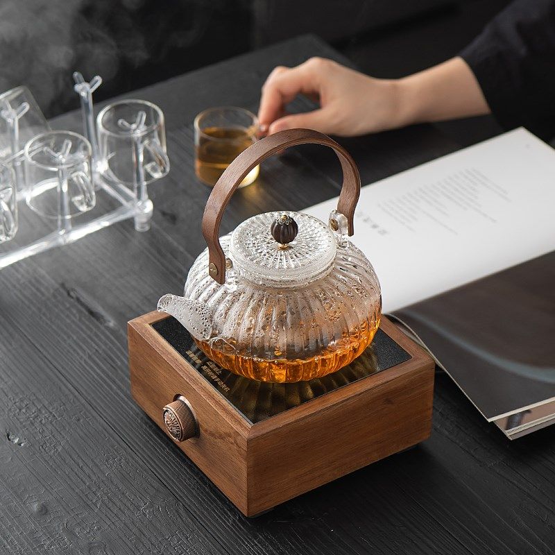 电陶炉煮茶器家用胡桃木烧水摩卡小型围炉煮茶养生玻璃壶煮茶炉
