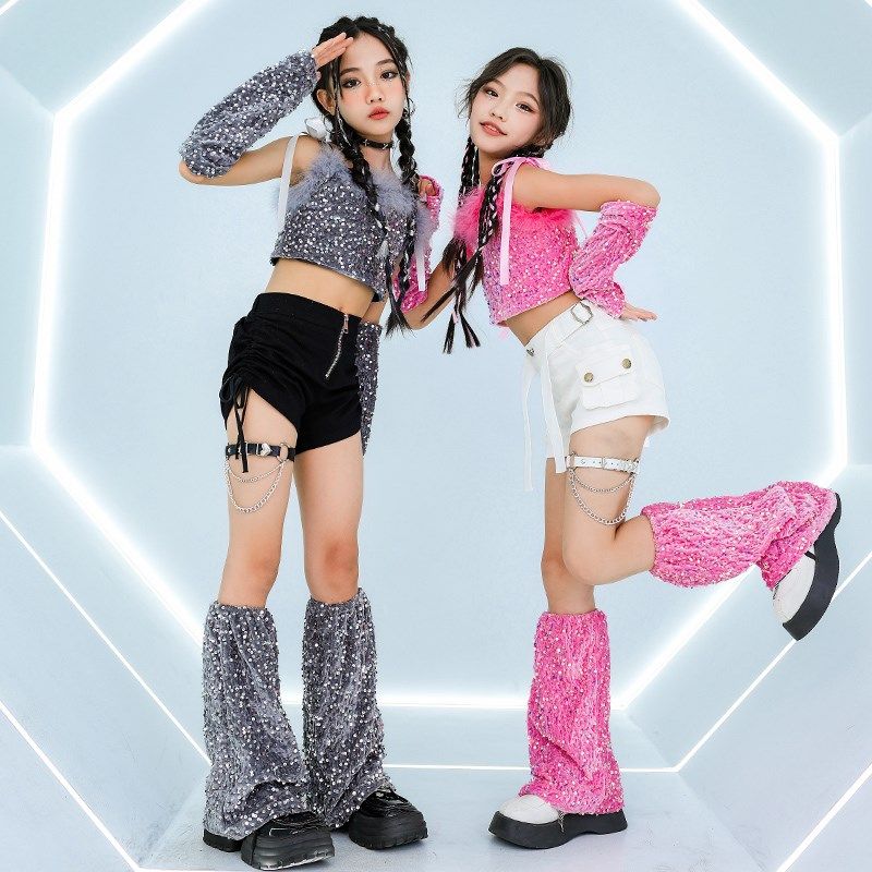 女童爵士舞服装露脐亮片吊带套装T台走秀潮装jazz嘻哈街舞演出服