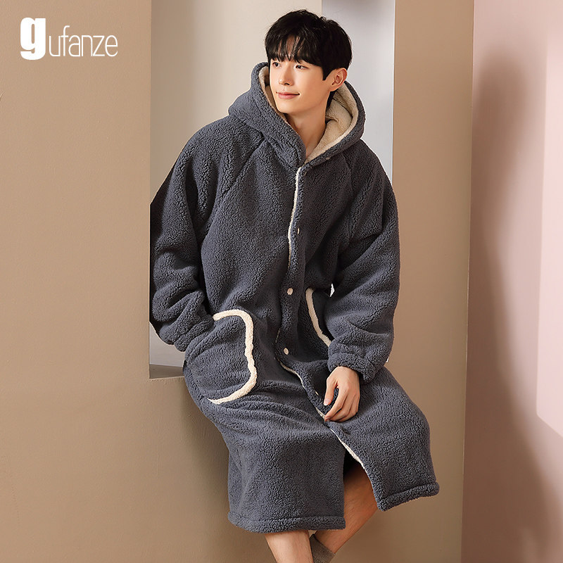 秋冬季珊瑚绒睡袍男士连帽加绒加厚加长款法兰绒大码长袍睡衣浴袍